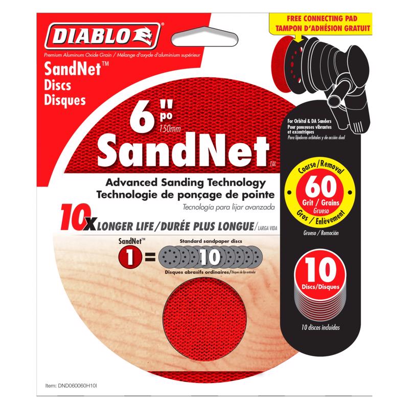 Diablo SandNet 6 in. Ceramic Blend Hook and Lock Sanding Disc 60 Grit Coarse 10 pk