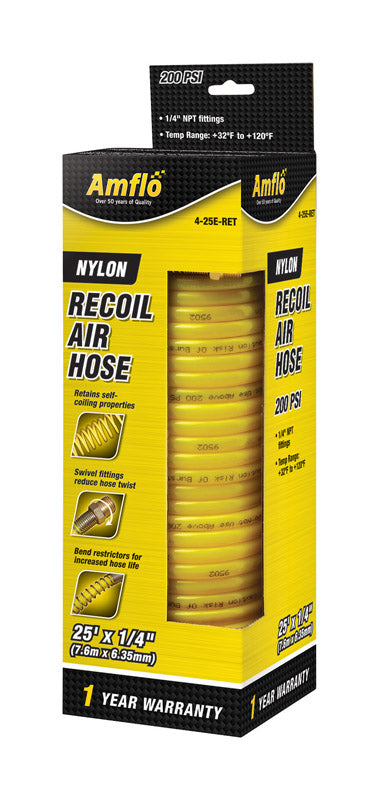 Amflo 25 ft. L X 1/4 in. D Nylon Recoil Air Hose 200 psi Yellow