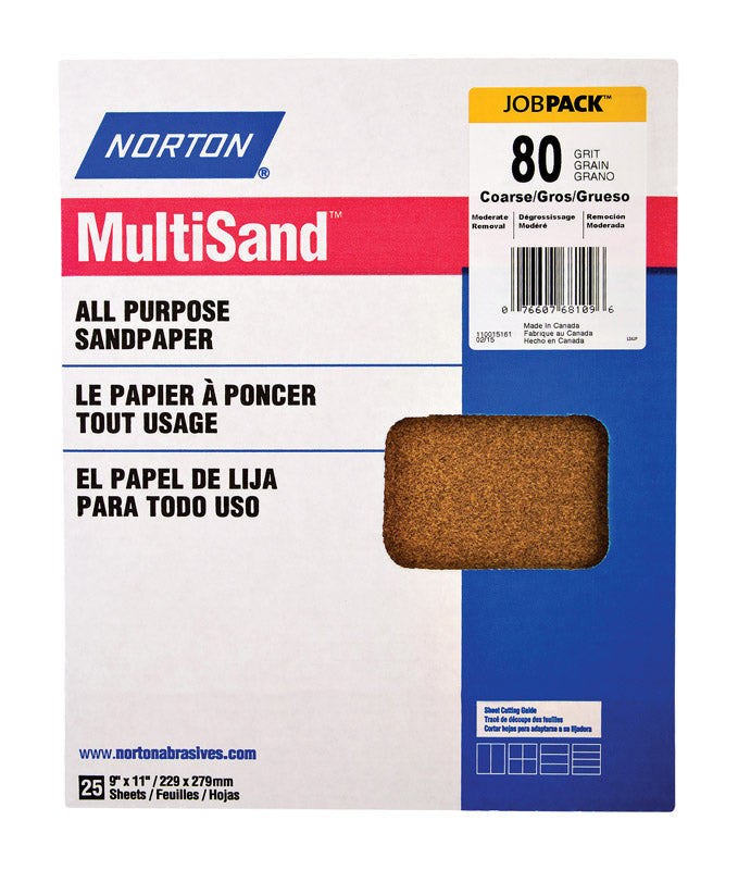 Norton MultiSand 11 in. L X 9 in. W 80 Grit Aluminum Oxide All Purpose Sandpaper 25 pk