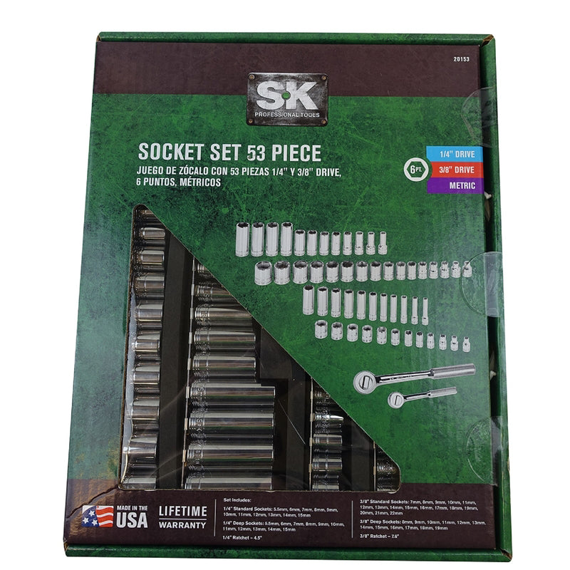 SK Professional Tools 1/4 and 3/8 in. drive Metric 6 Point Socket and Ratchet Set 53 pc