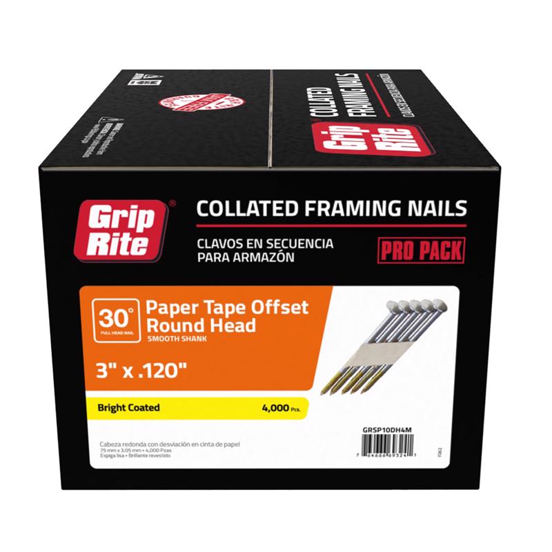 Grip-Rite 3 in. 12 Ga. Angled Strip Bright Framing Nails 30 deg 4000 pk