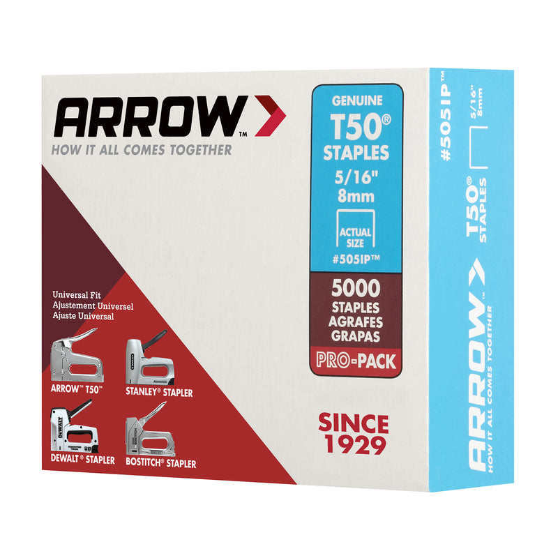 Arrow T50 3/8 in. W X 5/16 in. L 18 Ga. Flat Crown Heavy Duty Staples 5000 pk