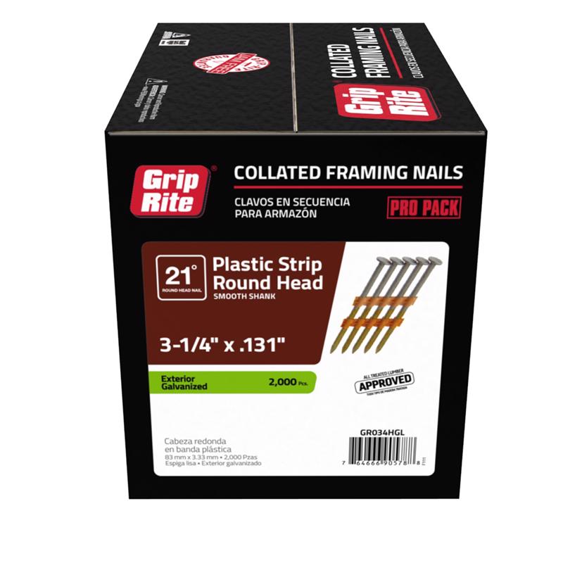 Grip-Rite 3-3/4 in. 10 Ga. Angled Strip Hot-Dip Galvanized Framing Nails 21 deg 2000 pk