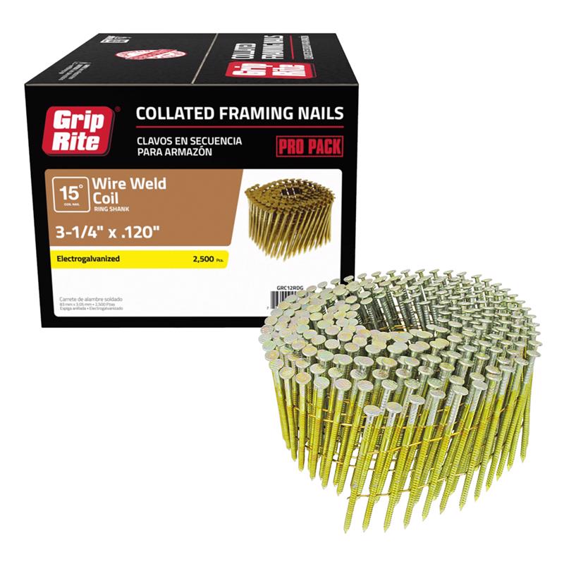 Grip-Rite 3-1/4 in. 11 Ga. Angled Coil Electro Galvanized Framing Nails 15 deg 2500 pk