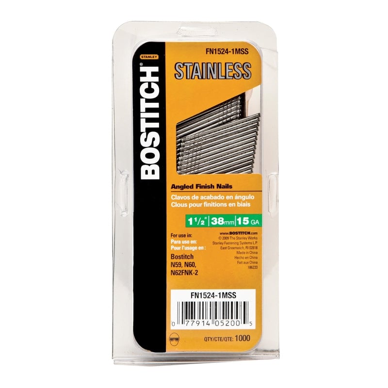 Bostitch 1-1/2 in. 15 Ga. Angled Strip Stainless Steel Finish Nails 1,000 pk