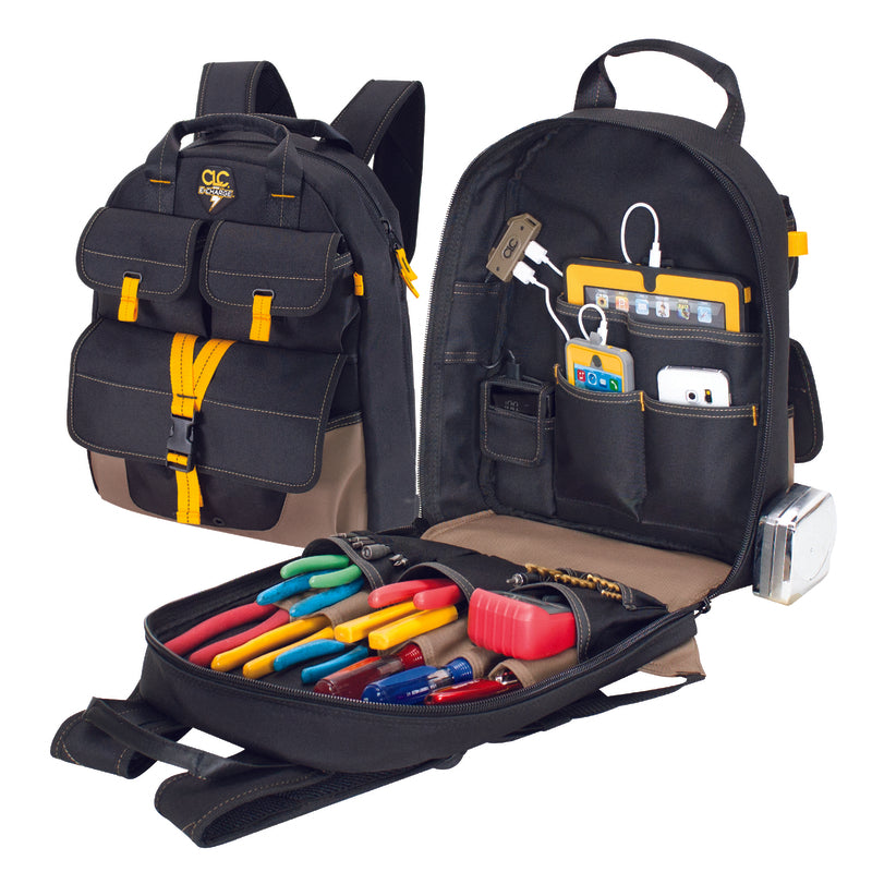 CLC E-Charge 6 in. W X 19.5 in. H Polyester Backpack Tool Bag 23 pocket Black/Tan 1 pc