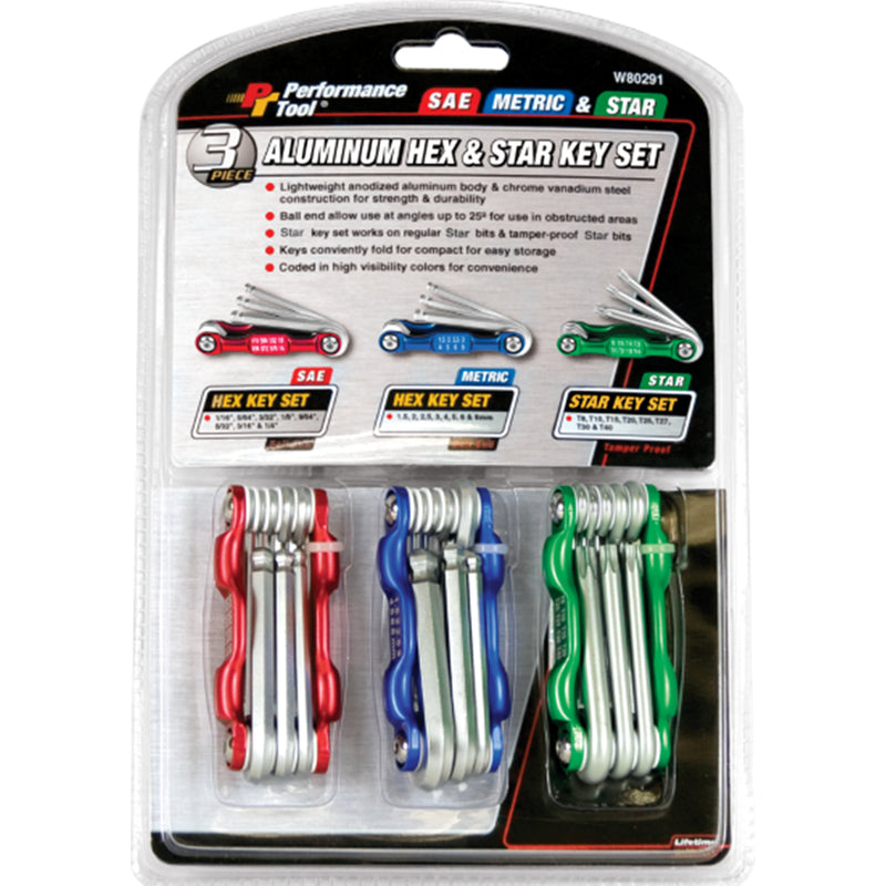 Performance Tool Metric and SAE Fold-Up Hex and Star Key Set 3 pc