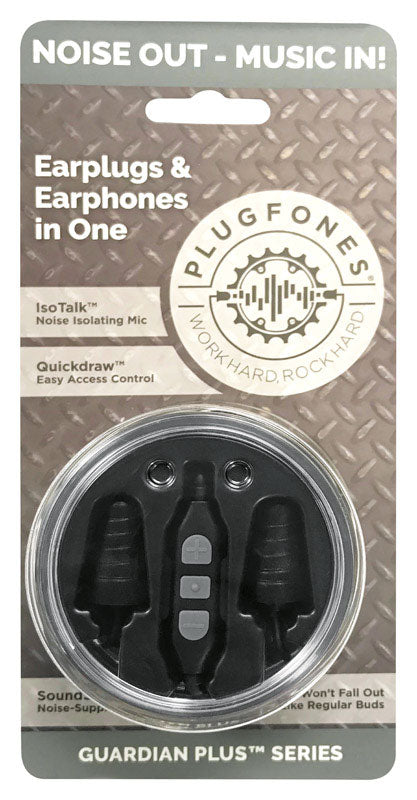 Plugfones Guardian Plus 26 dB Nylon/Silicone/Soft Foam Earplugs/Earphones w/Mic Black 1 pair