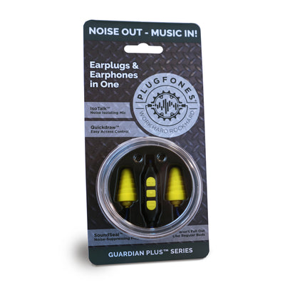 Plugfones Guardian Plus 26 dB Nylon/Silicone/Soft Foam Earplugs/Earphones w/Mic Yellow 1 pair