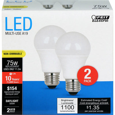 Feit Electric A19 E26 (Medium) LED Bulb Daylight 75 Watt Equivalence 2 pk