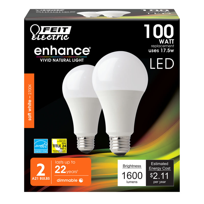 Feit Electric A19 E26 (Medium) LED Bulb Soft White 100 Watt Equivalence 2 pk