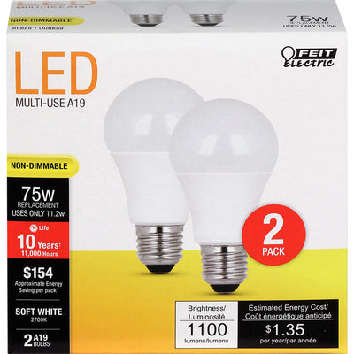 Feit Electric A19 E26 (Medium) LED Bulb Soft White 75 Watt Equivalence 2 pk