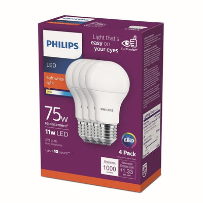 Philips A19 E26 (Medium) LED Bulb Soft White 75 Watt Equivalence 4 pk