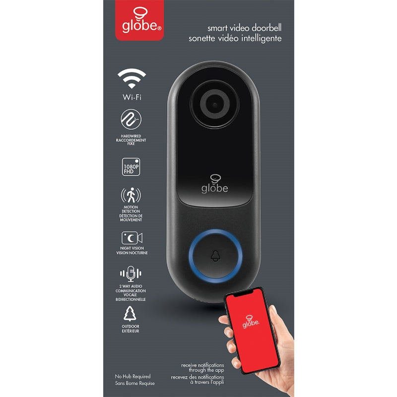 Globe Electric Wi-Fi Smart Home Black/Gray ABS/Polycarbonate Wired Video Doorbell