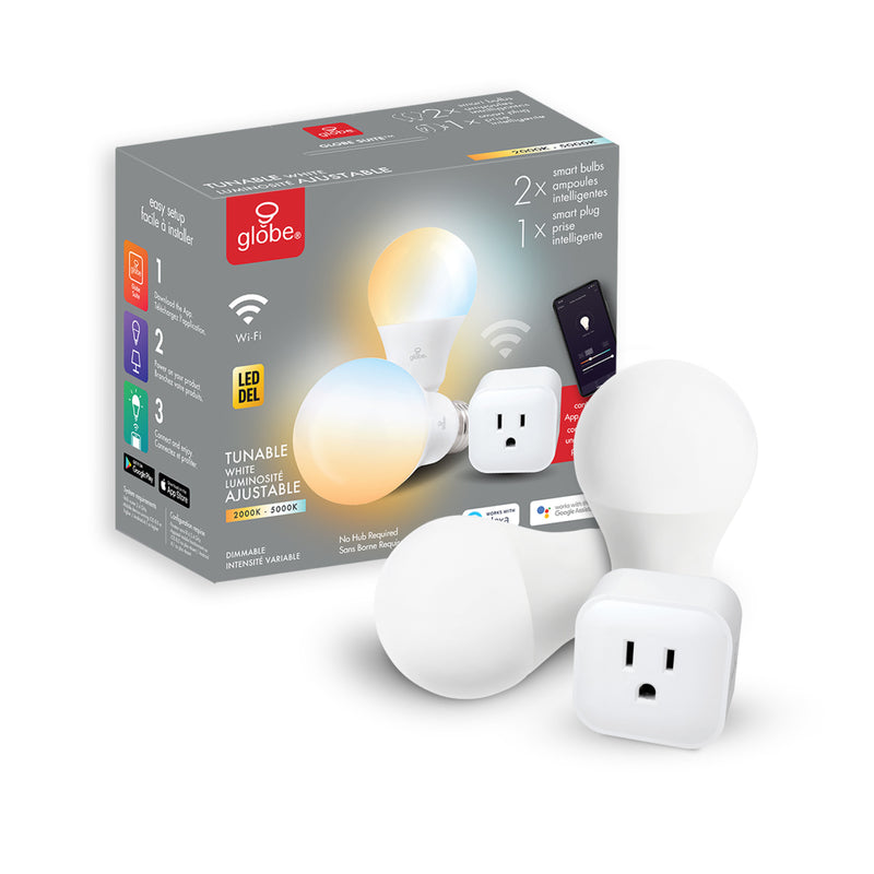 Globe Electric A19 E26 (Medium) Smart WiFi LED Bulb Kit Tunable White 60 Watt Equivalence 3 pk