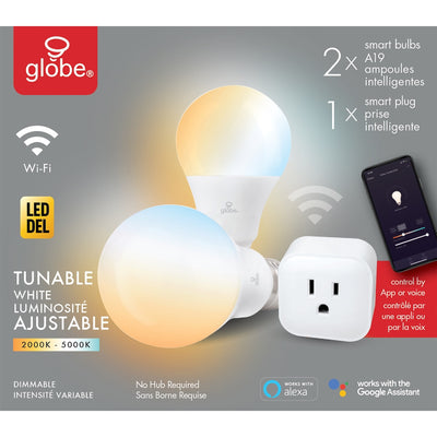 Globe Electric A19 E26 (Medium) Smart WiFi LED Bulb Kit Tunable White 60 Watt Equivalence 3 pk