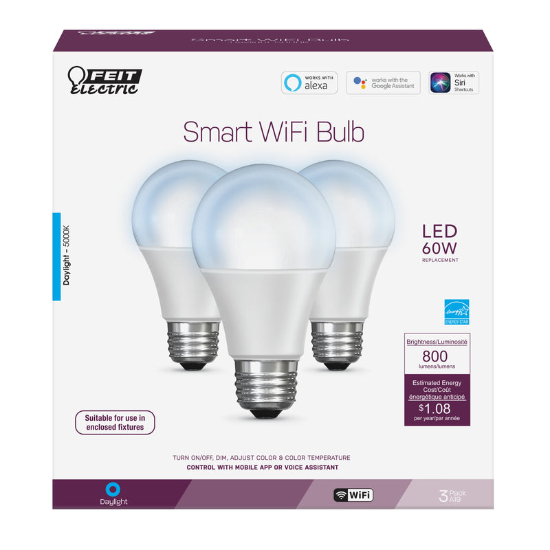 Feit Electric A19 E26 (Medium) LED Smart WiFi Bulb Daylight 60 Watt Equivalence 3 pk