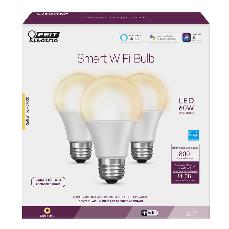 Feit Electric A19 E26 (Medium) LED Smart WiFi Bulb Soft White 60 Watt Equivalence 3 pk