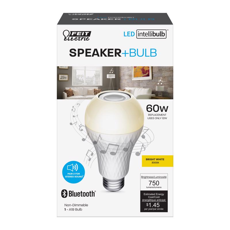 Feit Electric A19 E26 (Medium) LED Speaker Bulb Bright White 60 Watt Equivalence 1 pk