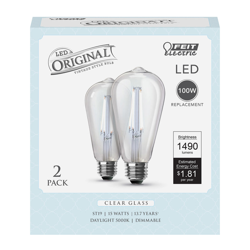 Feit Electric ST19 E26 (Medium) Filament LED Bulb Daylight 100 Watt Equivalence 2 pk