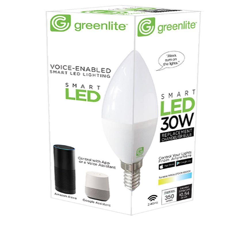 Greenlite B10 E12 (Candelabra) LED Smart WiFi Bulb Tunable White/Color Changing 30 Watt Equivalence