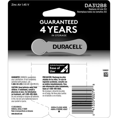 Duracell Zinc Air 312 1.4 V 185 Ah Hearing Aid Battery 8 pk