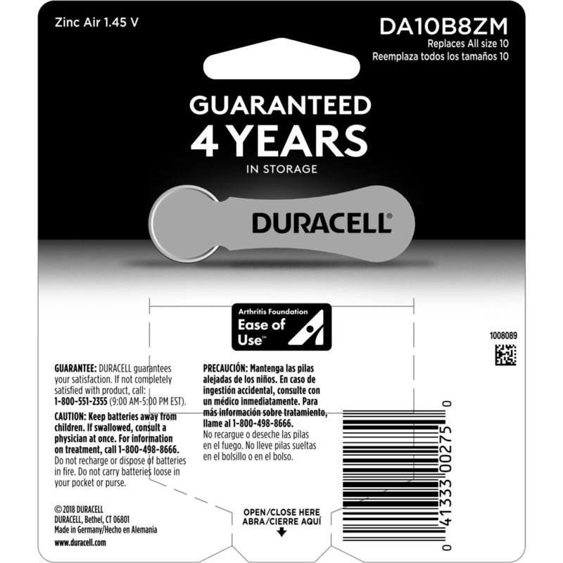 Duracell Zinc Air 10 1.4 V 100 Ah Hearing Aid Battery DA10 8 pk