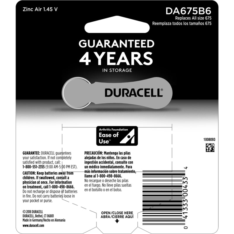 Duracell Zinc Air 675 1.4 V 625 Ah Hearing Aid Battery 6 pk