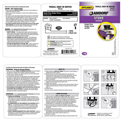 Jandorf 20 amps Single Pole Snap-In Toggle Appliance Switch White 1 pk