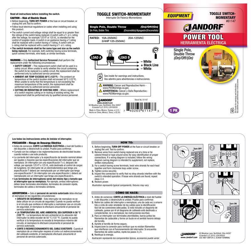 Jandorf 20 amps Single Pole Toggle Power Tool Switch Silver 1 pk