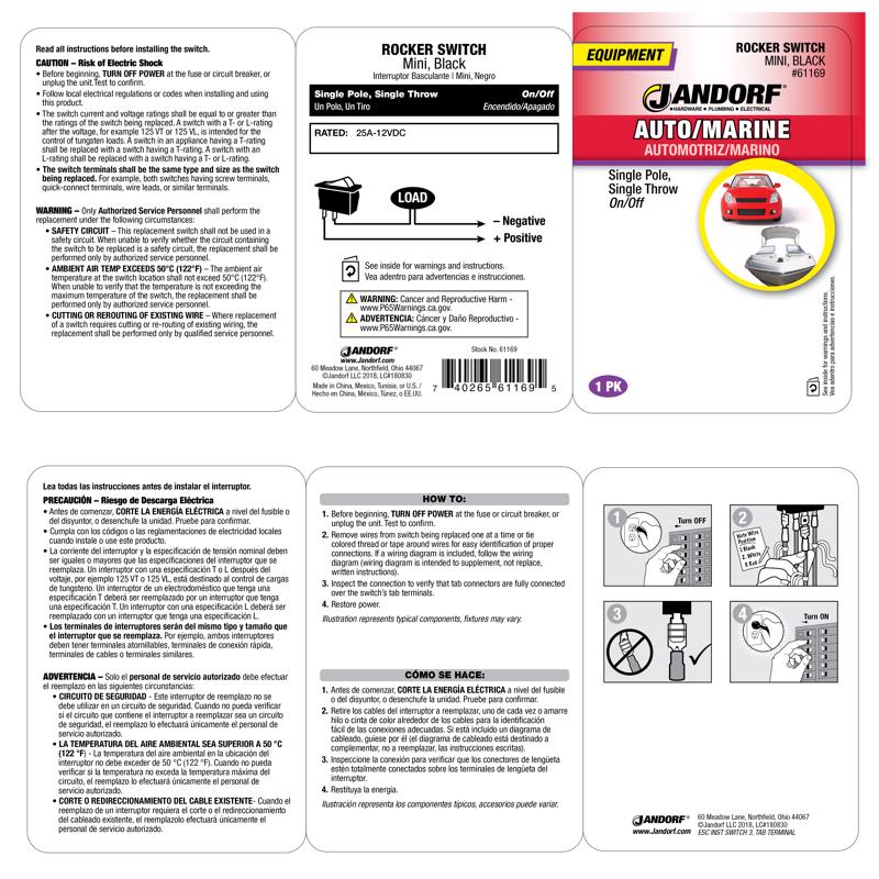 Jandorf 25 amps Single Pole Rocker Automotive/Marine Switch Black 1 pk