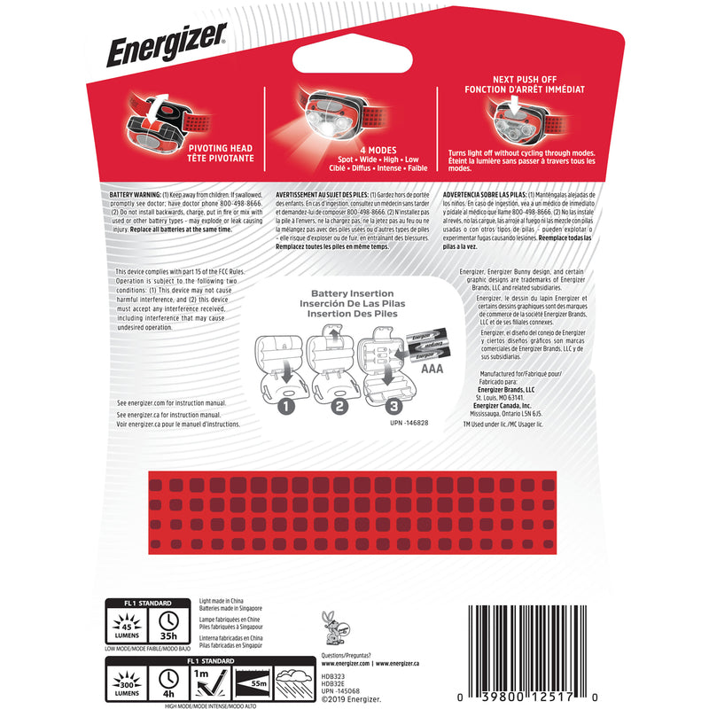 Energizer Vision HD Headlamp 300 lm Red LED Headlight AAA Battery