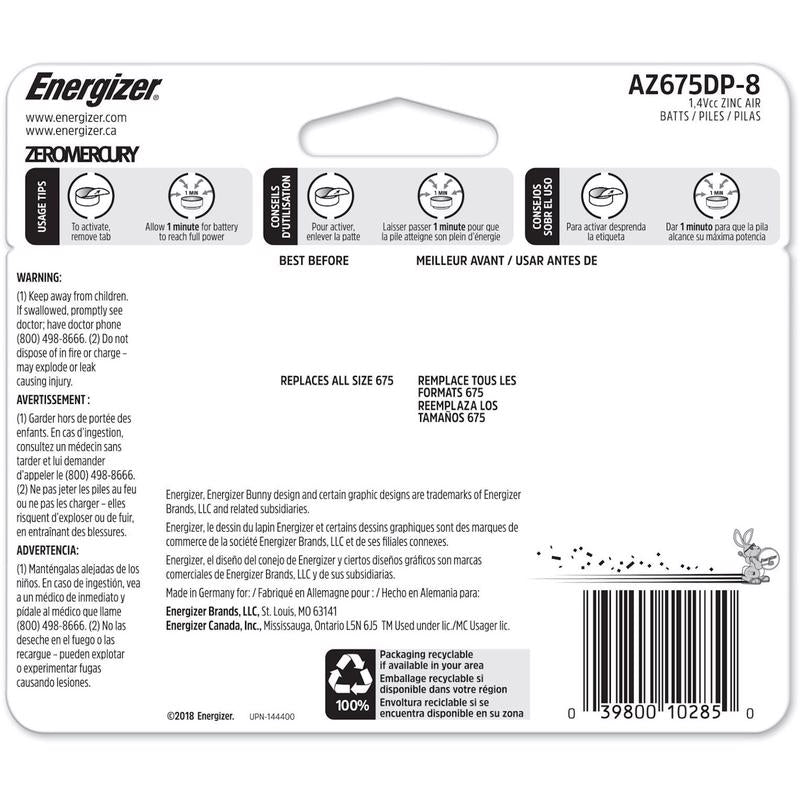 Energizer Zinc Air 675 1.4 V 0.62 Ah Hearing Aid Battery 8 pk