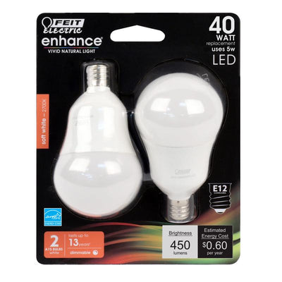 Feit Electric Performance A15 E12 (Candelabra) LED Bulb Soft White 40 Watt Equivalence 2 pk