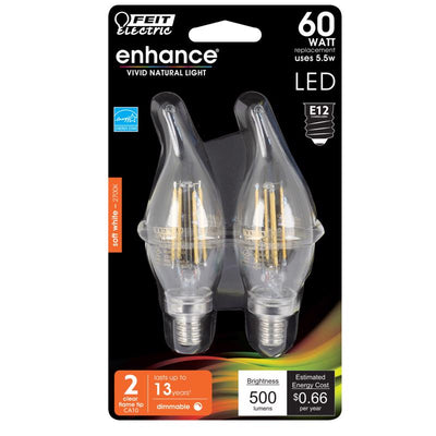 Feit Electric Flame Tip E12 (Candelabra) LED Bulb Soft White 60 Watt Equivalence 2 pk