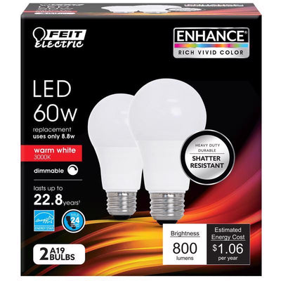 Feit Electric Enhance A19 E26 (Medium) LED Bulb Warm White 60 Watt Equivalence 2 pk