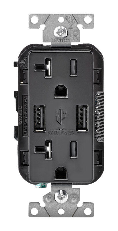 Leviton Decora 20 amps 125 V Black Outlet and USB Charger 5-20R 1 pk