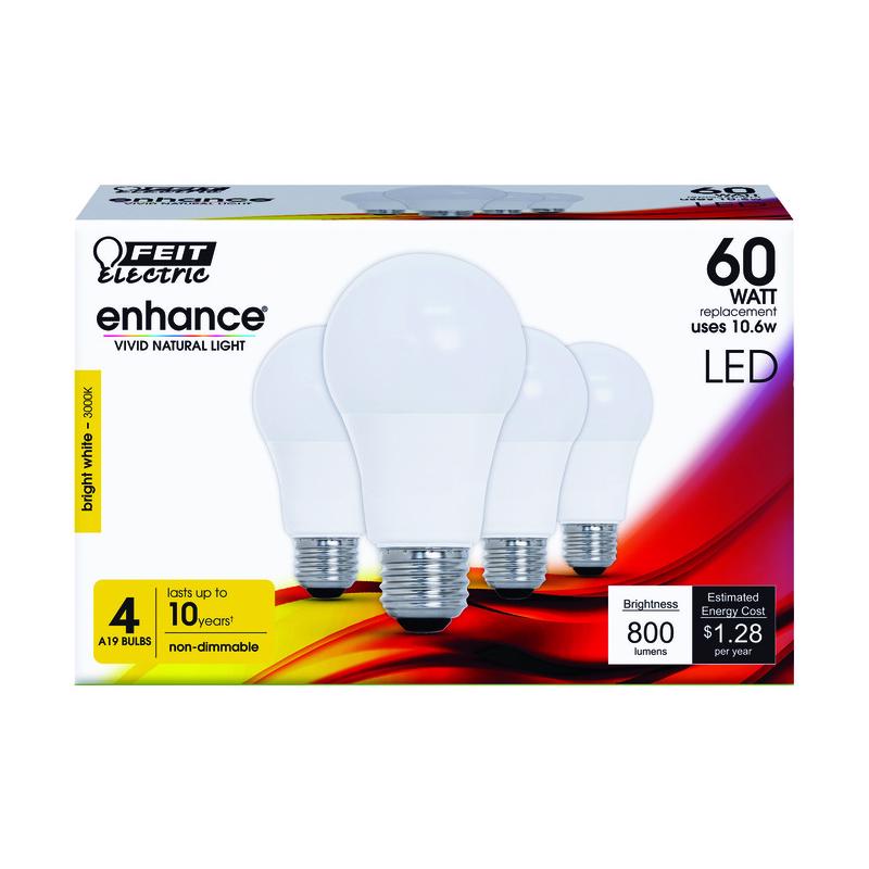 Feit Electric Enhance A19 E26 (Medium) LED Bulb Bright White 60 Watt Equivalence 4 pk