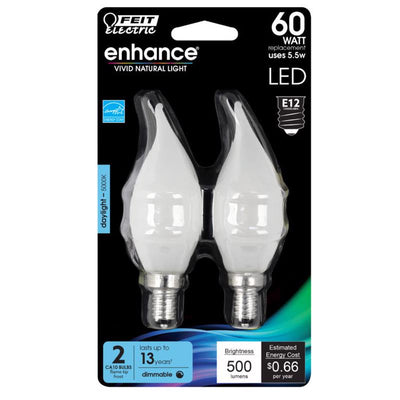 Feit Electric Enhance Flame Tip E12 (Candelabra) Filament LED Bulb Daylight 60 Watt Equivalence 2 pk