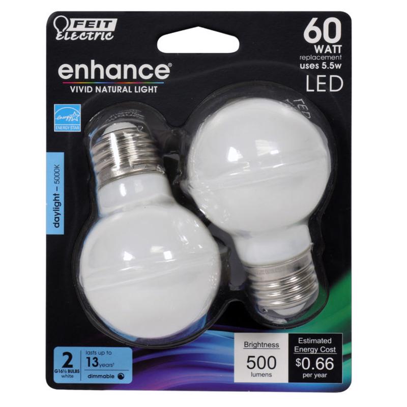 Feit Electric Enhance G16.5 E26 (Medium) Filament LED Bulb Daylight 60 Watt Equivalence 2 pk