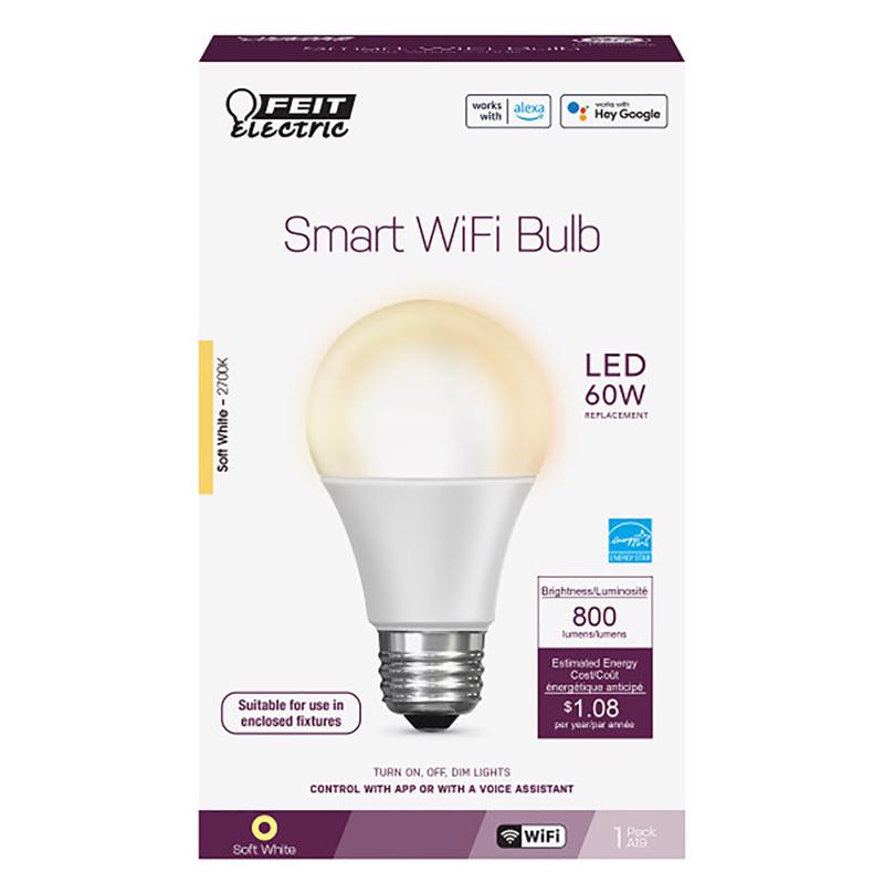 Feit Electric A19 E26 (Medium) Smart WiFi LED Bulb Soft White 60 Watt Equivalence 1 pk