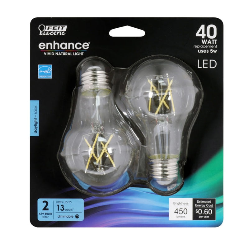 Feit Electric Enhance A19 E26 (Medium) Filament LED Bulb Daylight 40 Watt Equivalence 2 pk