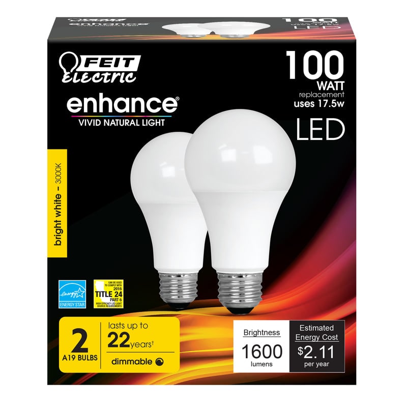 Feit Electric Enhance A19 E26 (Medium) LED Bulb Bright White 100 Watt Equivalence 2 pk