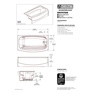 Delta Classic 400 18 in. H X 30 in. W X 60 in. L White Bathtub