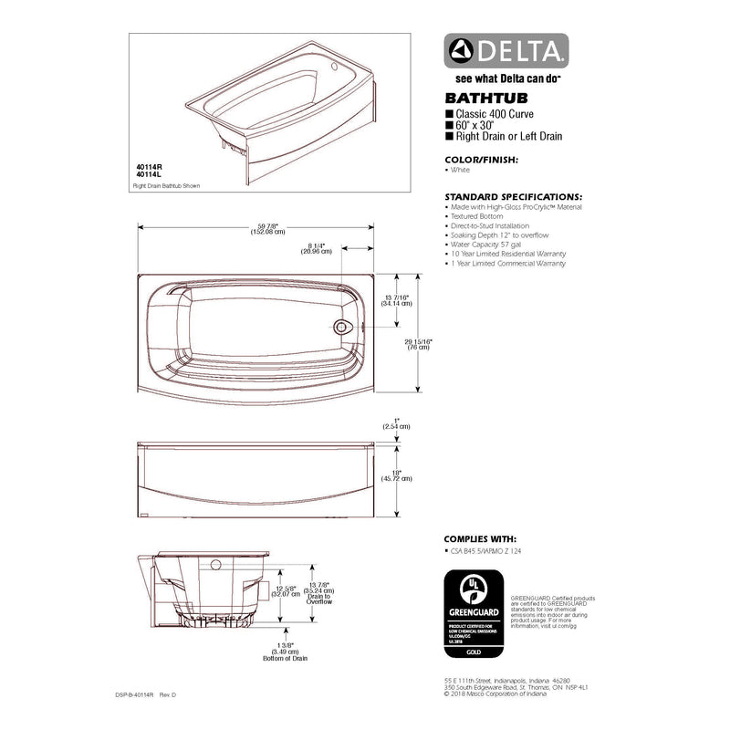 Delta Classic 400 18 in. H X 30 in. W X 60 in. L White Bathtub