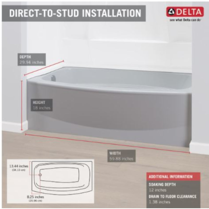 Delta Classic 400 18 in. H X 30 in. W X 60 in. L White Bathtub