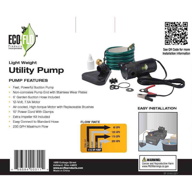 Eco-Flo PUP Series 1/12 HP 360 gph Cast Iron Switchless Switch DC Utility Pump Kit