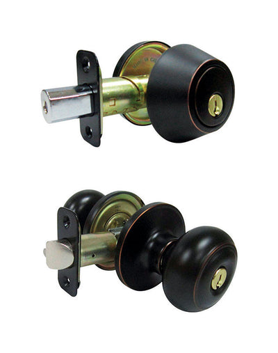 Faultless Fancy Mushroom Aged Bronze Entry Knob and Single Cylinder Deadbolt Right Handed