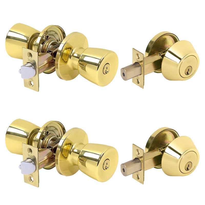 Tell Double Pack Bright Brass Deadbolt and Entry Door Knob 1-3/4 in.