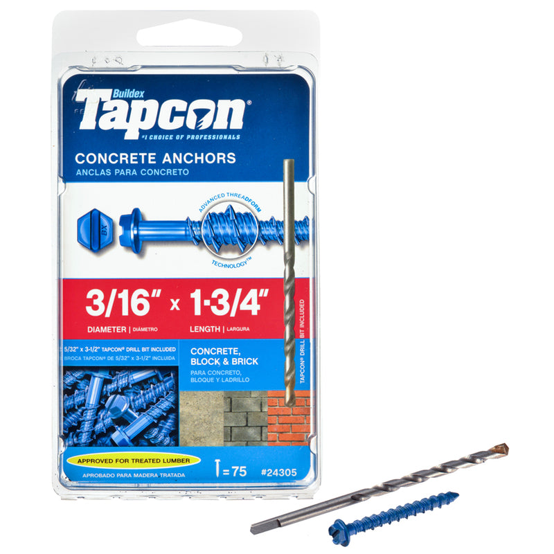 Tapcon 3/16 in. D X 1-3/4 in. L Steel Hex Head Concrete Screw Anchor 75 pk